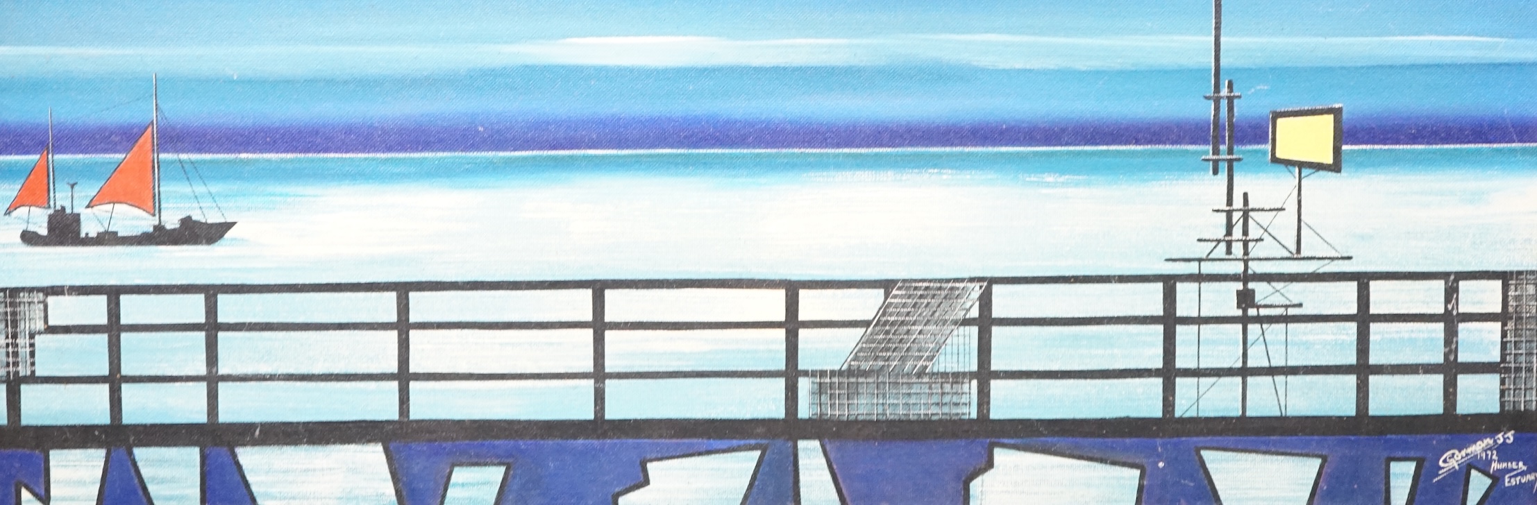 J. J. Gorman, acrylic on canvas board, 'Humber Estuary', signed and dated 1972, 44 x 124cm. Condition - good